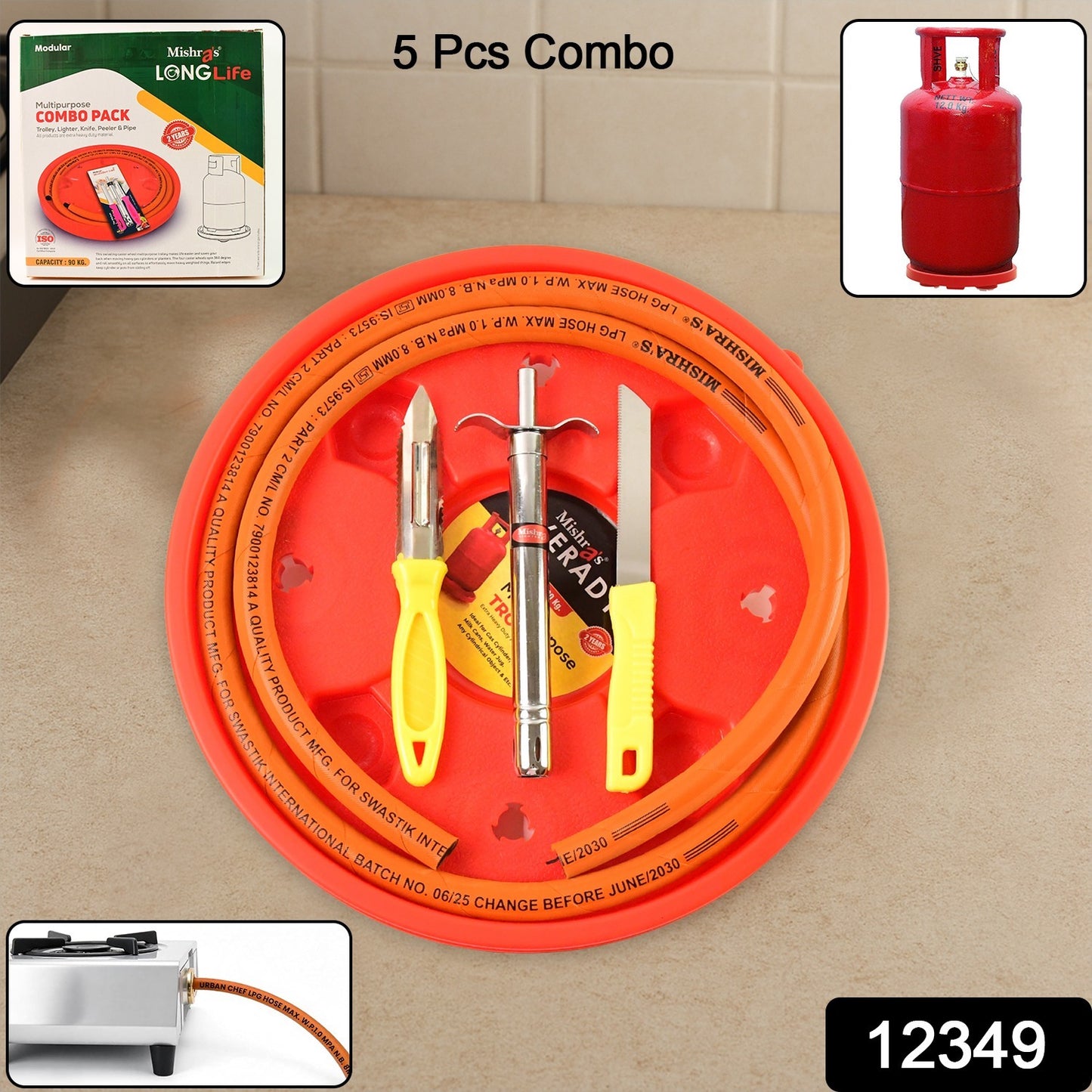 Mishras 5-piece Multipurpose Lpg Kitchen Combo Set With Gas Pipe Cylinder Trolley Knife Lighter Peeler