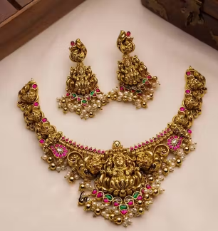 Antique Gold Lakshmi Temple Necklace with Pearl Drops | Traditional Bridal Choker for Women | South Indian Jewelry