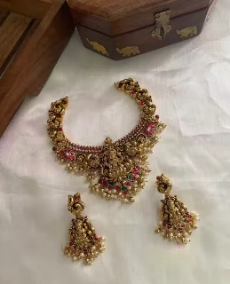 Antique Gold Lakshmi Temple Necklace with Pearl Drops | Traditional Bridal Choker for Women | South Indian Jewelry