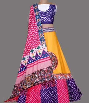 Girls Haldi Ceremony And Navratra Special Garba Night Desinger Tusser Silk Lahenga Choli set multicolor