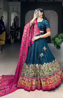 Lehenga Choli in Tussar Silk With Floral and Foil Print With Dupatta violet