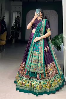 Lehenga Choli in Tussar Silk With Floral and Foil Print With Dupatta Purple