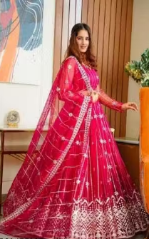 Net Embroidered Semi-Stitched Lehenga with Unstitched Blouse Red