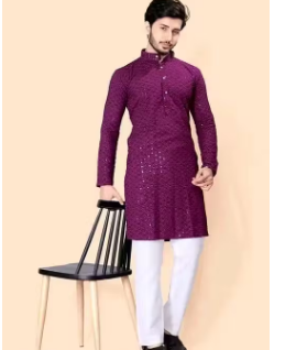 PREMIUM QUALITY LUCKNAWI CHIKANKARI Purple KURTA FOR MEN ( ONLY KURTA)