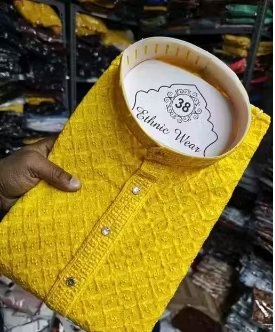 PREMIUM QUALITY LUCKNAWI CHIKANKARI YELLOW KURTA FOR MEN ( ONLY KURTA)