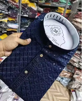 PREMIUM QUALITY LUCKNAWI CHIKANKARI BLUE KURTA FOR MEN ( ONLY KURTA)