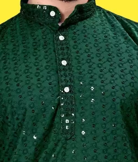 PREMIUM QUALITY LUCKNAWI CHIKANKARI Green KURTA FOR MEN ( ONLY KURTA)