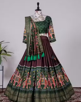 SGS Designer Chandari Silk Lehnga Choli with Jhumka Dupatta Green