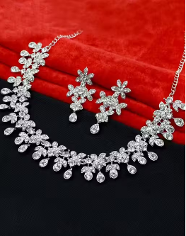 Silver Plated Necklace Set With White American Diamond