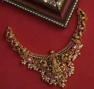 Antique Gold Lakshmi Temple Necklace with Pearl Drops | Traditional Bridal Choker for Women | South Indian Jewelry