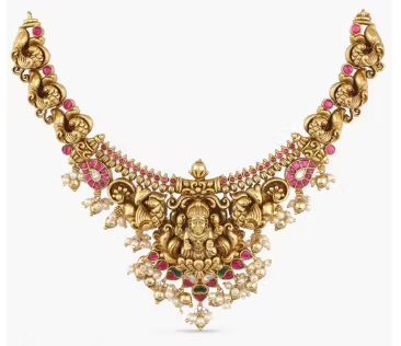 Antique Gold Lakshmi Temple Necklace with Pearl Drops | Traditional Bridal Choker for Women | South Indian Jewelry