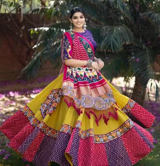 Girls Haldi Ceremony And Navratra Special Garba Night Desinger Tusser Silk Lahenga Choli set multicolor