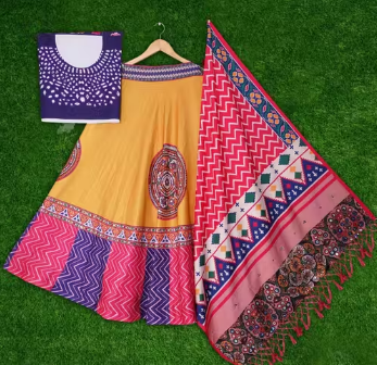 Girls Haldi Ceremony And Navratra Special Garba Night Desinger Tusser Silk Lahenga Choli set multicolor