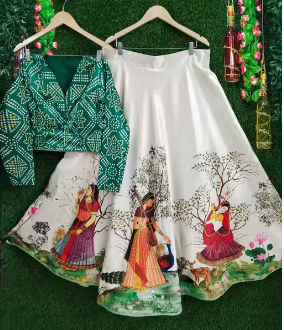 KIDS AND GIRLS PURE SATIN SILK DIGITAL PRINT NAVRATRI SPECIAL LEHENGA+LEHANGA CHOLI FOR GIRLS +LEHANGA+LEHENGA CHOLI FOR NAVRATRI AND WEDDING WITH UNSTICHED BLOUSE AND DUPATTA WITH BEAUTIFUL LATKAN BOTH SIDE.