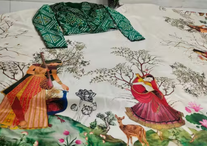 KIDS AND GIRLS PURE SATIN SILK DIGITAL PRINT NAVRATRI SPECIAL LEHENGA+LEHANGA CHOLI FOR GIRLS +LEHANGA+LEHENGA CHOLI FOR NAVRATRI AND WEDDING WITH UNSTICHED BLOUSE AND DUPATTA WITH BEAUTIFUL LATKAN BOTH SIDE.