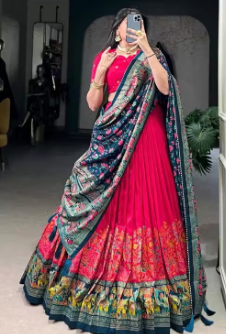 Lehenga Choli in Tussar Silk With Floral and Foil Print With Dupatta Red
