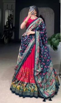 Lehenga Choli in Tussar Silk With Floral and Foil Print With Dupatta Red