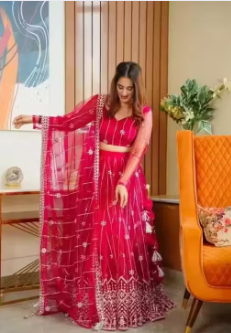 Net Embroidered Semi-Stitched Lehenga with Unstitched Blouse Red