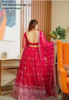 Net Embroidered Semi-Stitched Lehenga with Unstitched Blouse Red