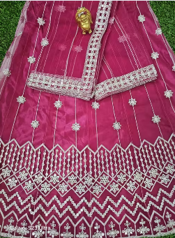 Net Embroidered Semi-Stitched Lehenga with Unstitched Blouse Red